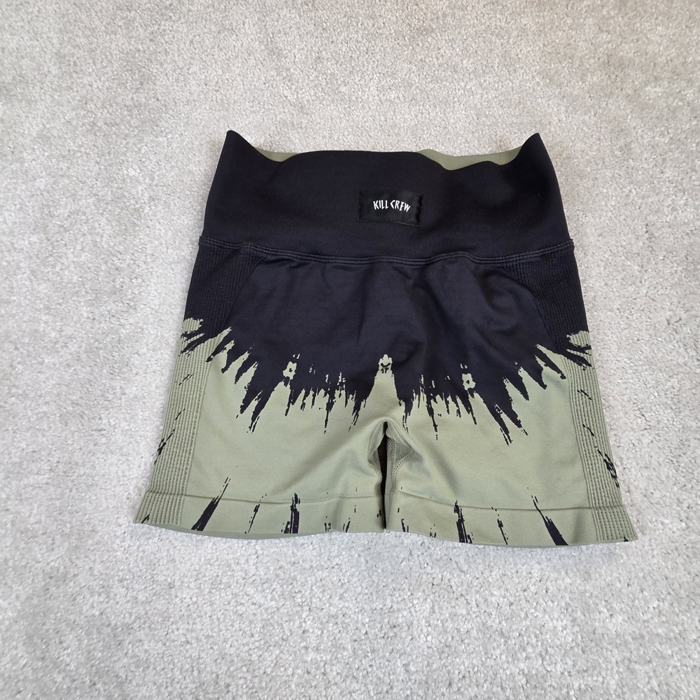 Kill Crew Seamless Shatter Biker Shorts Womens L Black Olive Scrunch EUC